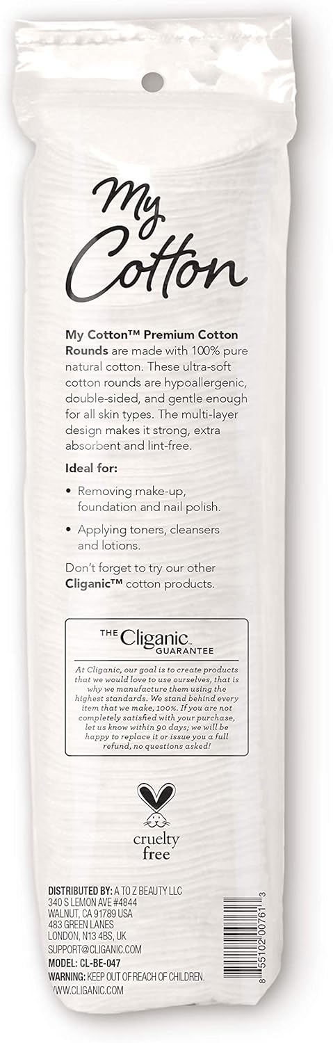 Premium Cotton Rounds for Face - Hypoallergenic Makeup Remover Pads | Lint-Free, 3 Pack