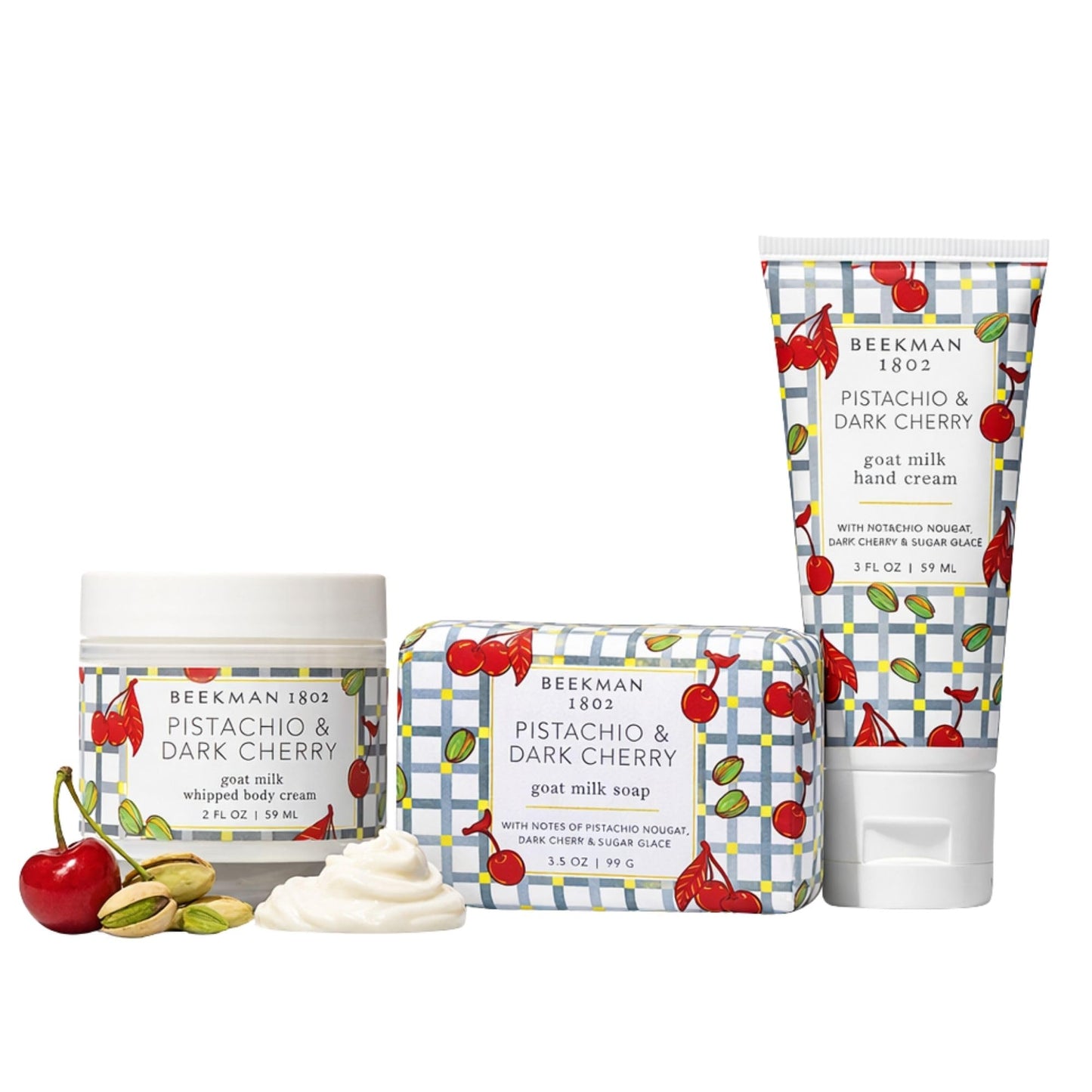 Beekman 1802 Pistachio & Dark Cherry 3-Piece Body Care Sampler Set – Goat Milk Skincare Mini Set with Body Cream, Hand Cream & Bar Soap – Travel Size Gift Set