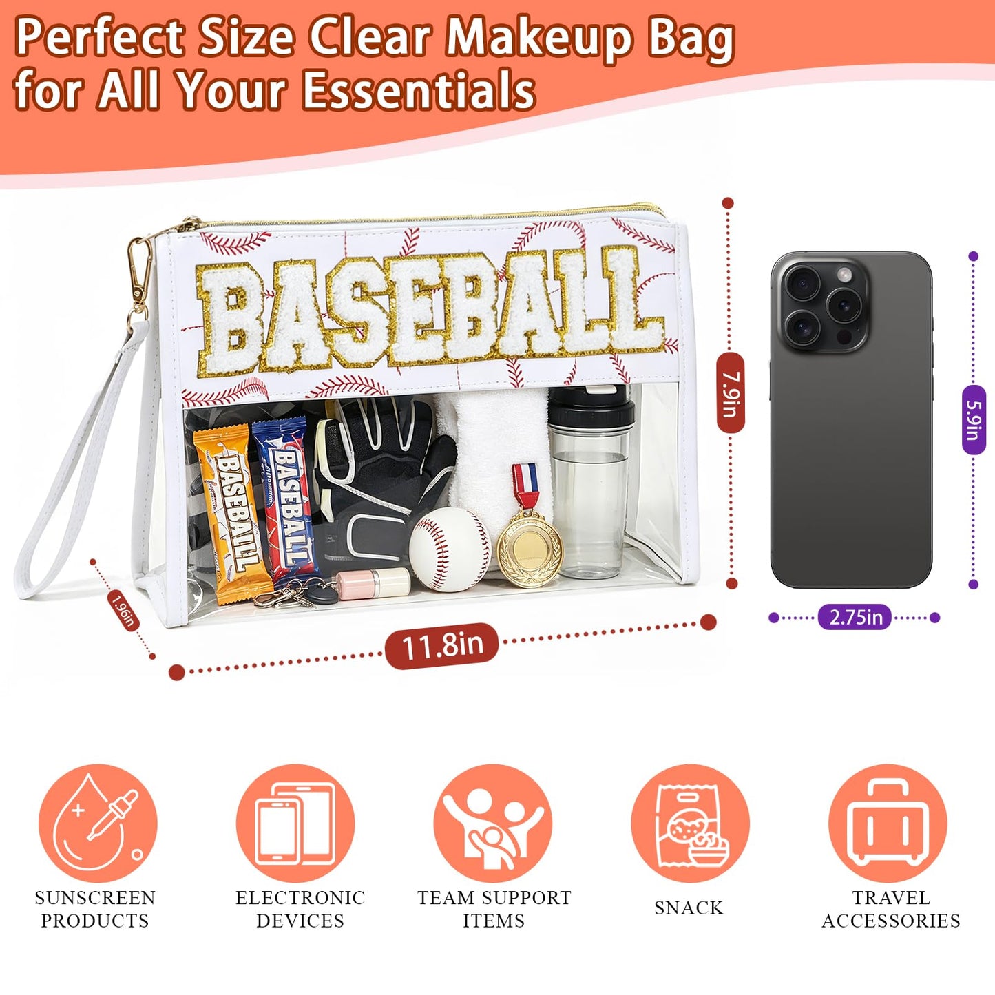 Baseball Mom Essentials Clear Stadium Bag 12x6x12 — STANDS UPRIGHT, NOT FLAT — 2.5" Deep Transparent Tote with Chenille Letters, Waterproof Baseball Game Day Bag for Team Snacks, Makeup & Travel