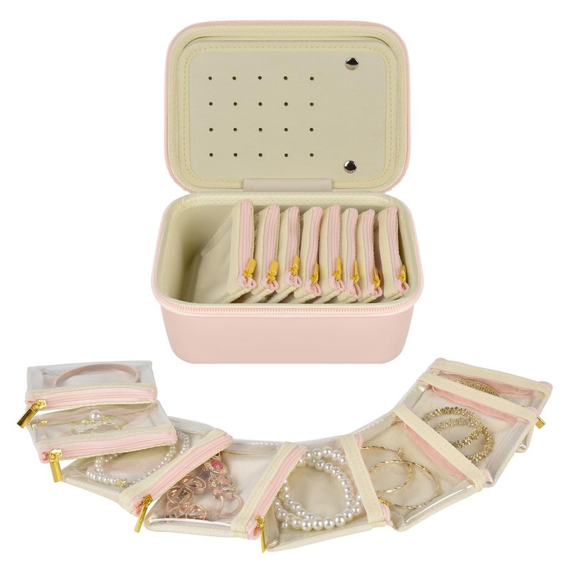 GWCASE Travel Jewelry Case for Women, PU Pink Jewelry Box with 8 Velvet Zipper Jewelry Pouches. 2-Tier Organizer for Rings, Earrings, Necklaces & Bracelet – Stylish Gift for Her（Case Only）