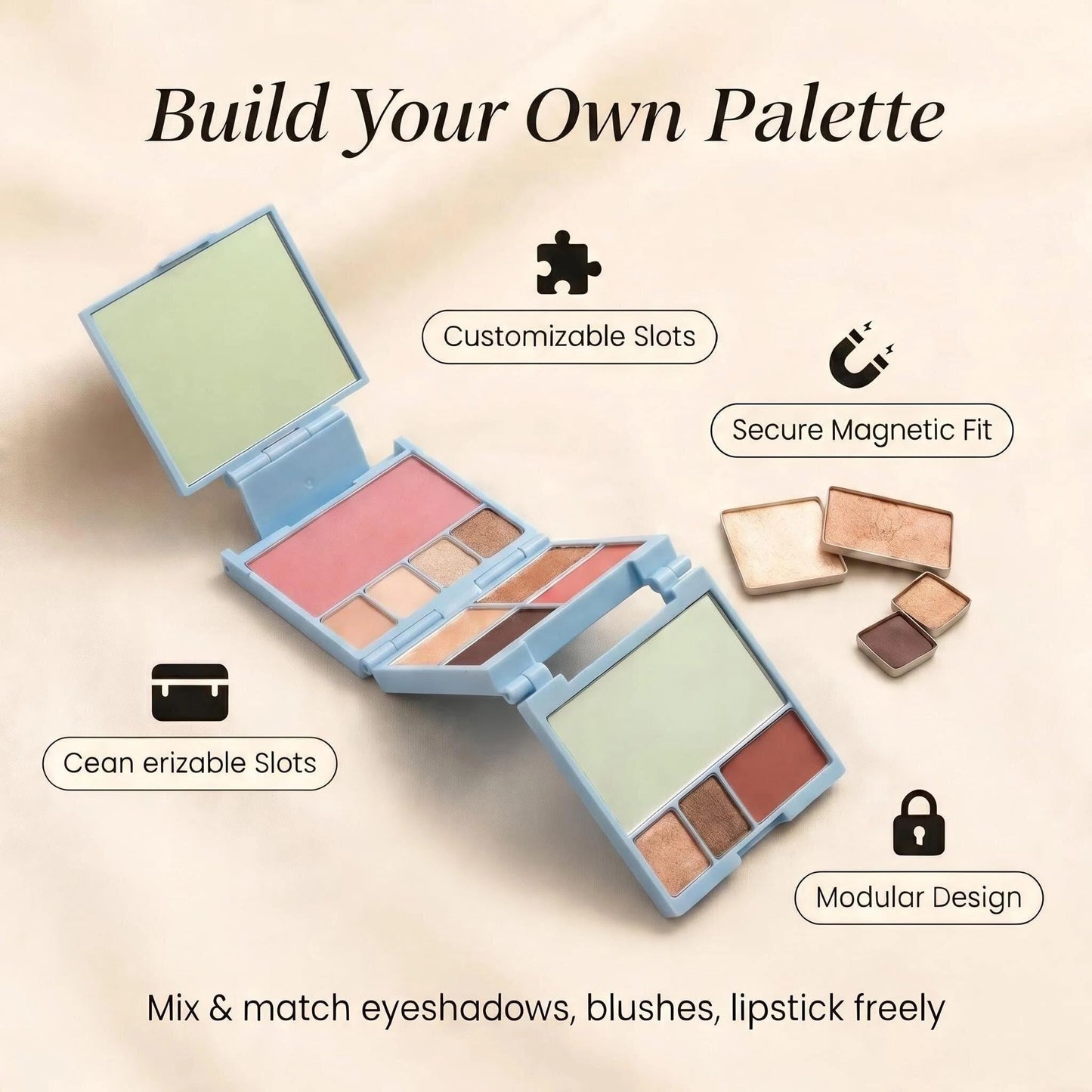Empty Magnetic Makeup Palette Baby Blue - 3-Layer Foldable Travel Makeup Palette with Dividers & 13 Metal Pans, Magnetic Pallets for Makeup, 20% Larger, Baby Blue, 1 Pack