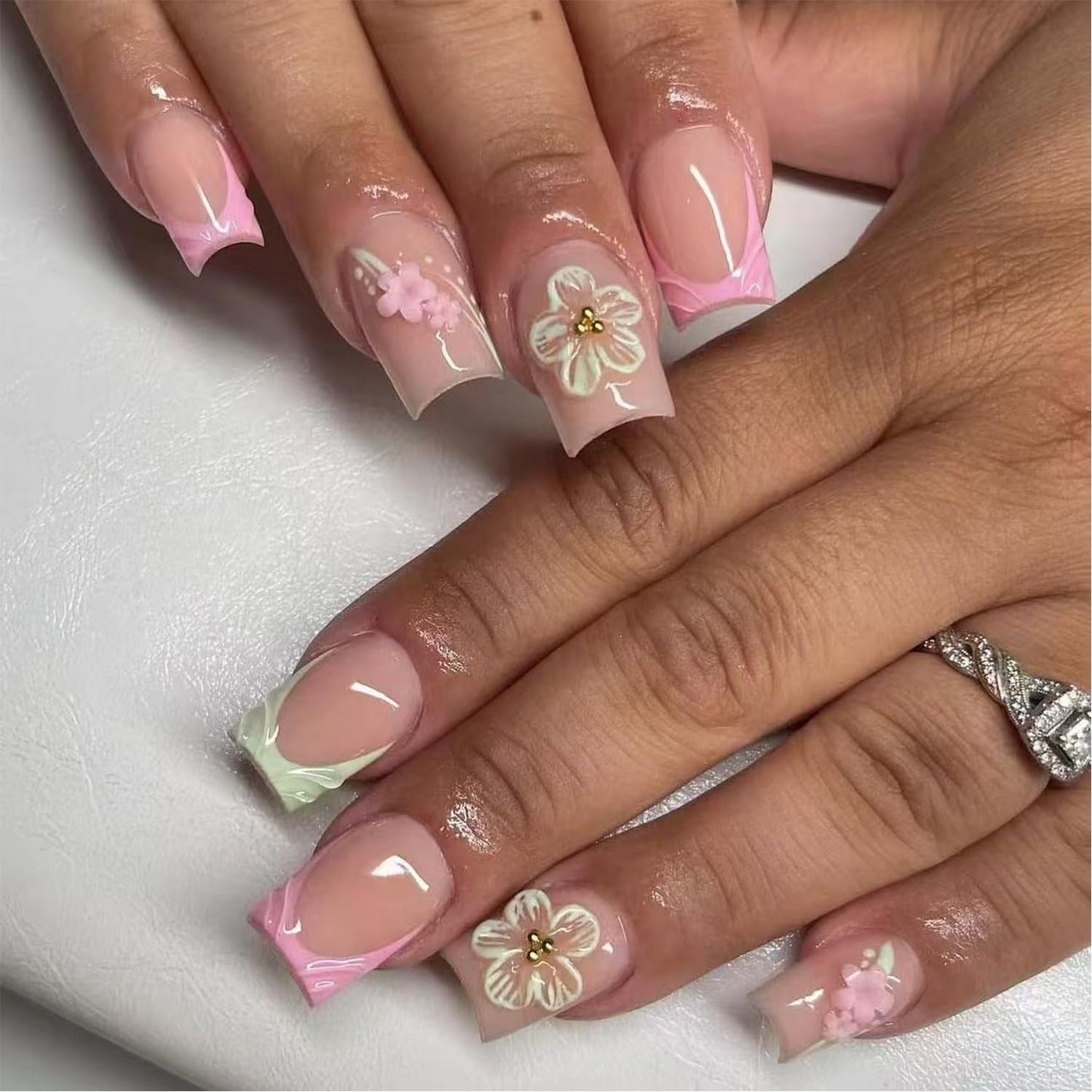 French Tip Press-On Nails - Short Square Acrylic Full Cover | 24pcs Reusable Nude Design for Women