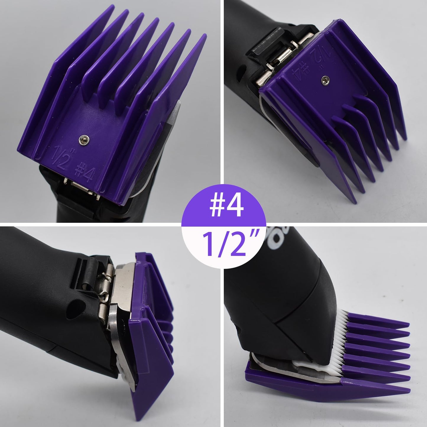 4 Pieces Professional A5-Style Animal Clipper Attachment Guard Guide Cutting Combs Set 76926-900, 1/8", 1/4", 3/8", 1/2", Compatible with Oster Classic 76 A5 Andis AG BG Wahl KM Pet Groomers (Purple)