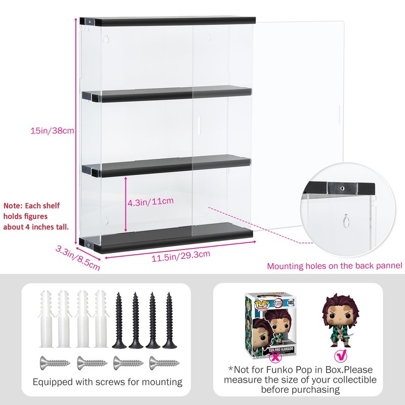 Nynelly 3-Layer Acrylic Display Case, Wall Mounted Display Box with Door, Countertop Clear Minifigure Showcase for Collectible, Funko Pop, Minifigure, 11.5" L x 3.3" W x 15" H ,Black