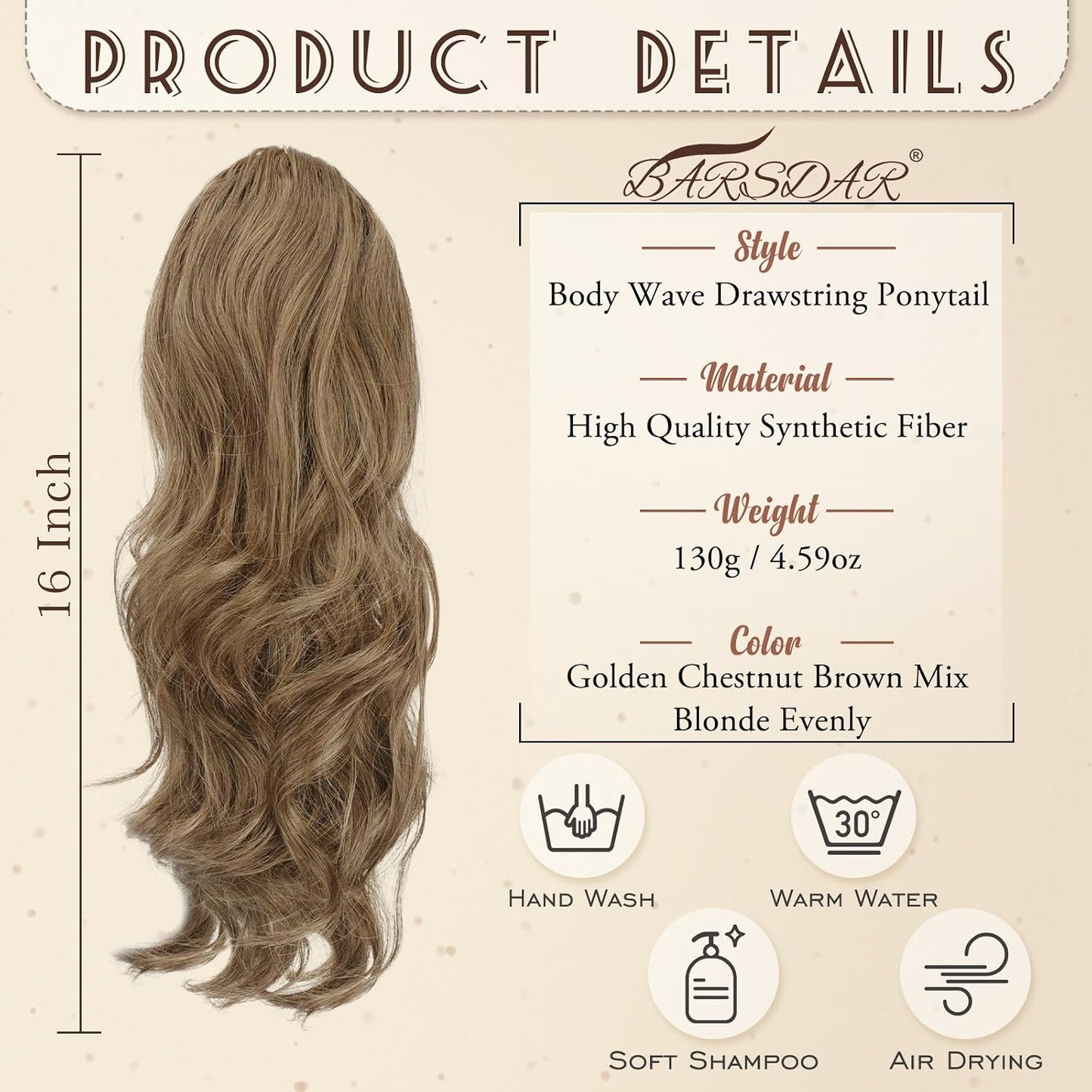 Short Wavy Drawstring Ponytail - 16 Inch Synthetic Clip-In Hair Extensions | Ash Brown Mix