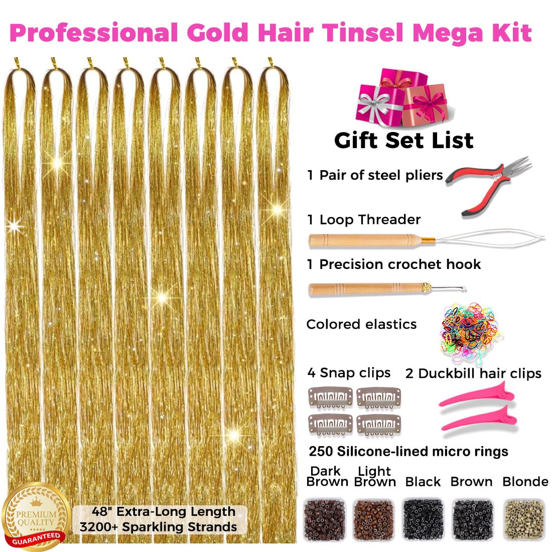 Hair Tinsel Kit with Tools, 3200+ Strands Gold Holographic Fairy Hair, 48" Heat Resistant Glitter Hair Extensions, Easy DIY Kit for Girls, Christmas Party & Festival Gift