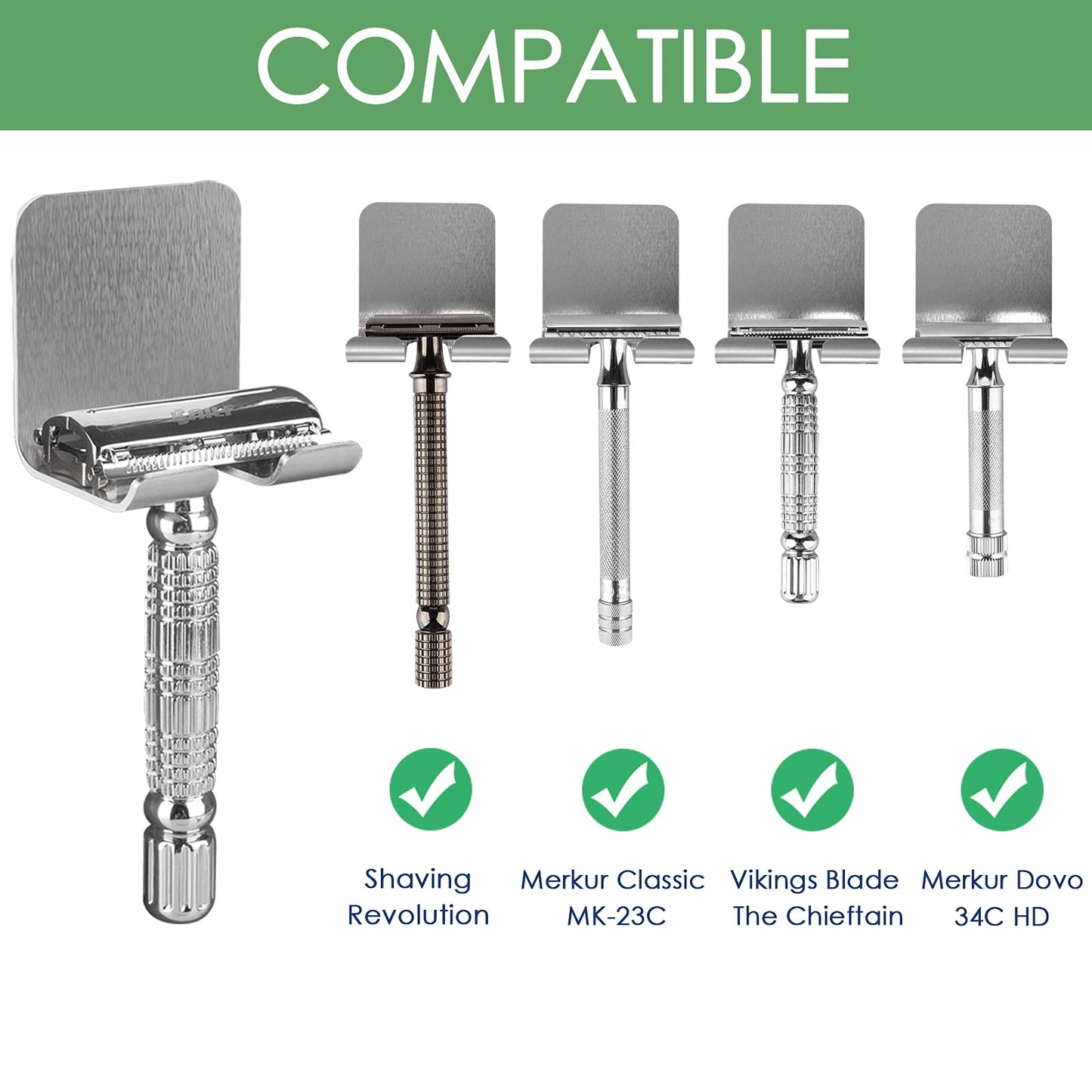 Linkidea 2 Pack Wall Mount Shaver Holder for Shower, Self Adhesive Hook Hanger Stand, Bathroom Wall Mounted Razor Holder Compatible with Vikings, Merkur Double Edge Safety Razor