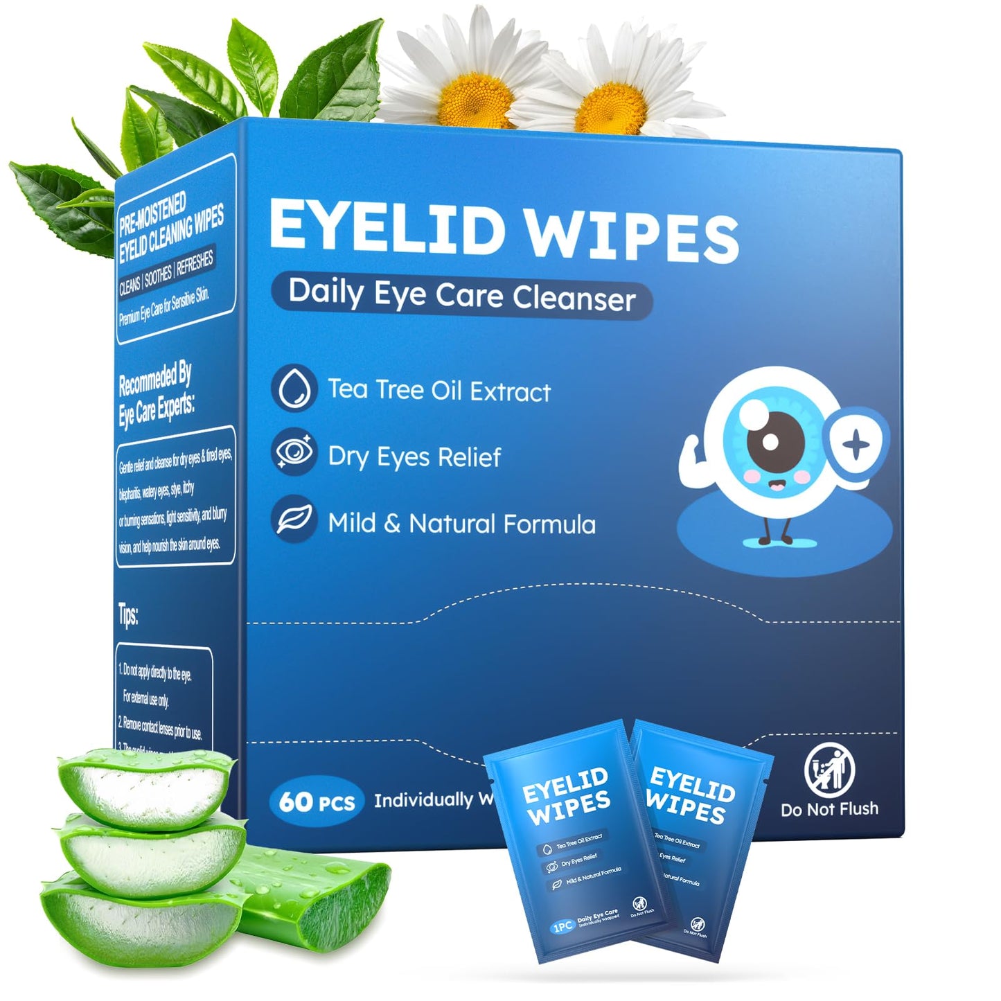 60PCs Eyelid & Lash Wipes with Hyaluronic Acid, Tea Tree Oil Eyelid Cleaser For Blepharitis, Itchy & Stye Eyes, Pre-Moistened Eyelid Wipes for Dry Eyes Relief, Daily Eye Cleanser for Sensitive Skin