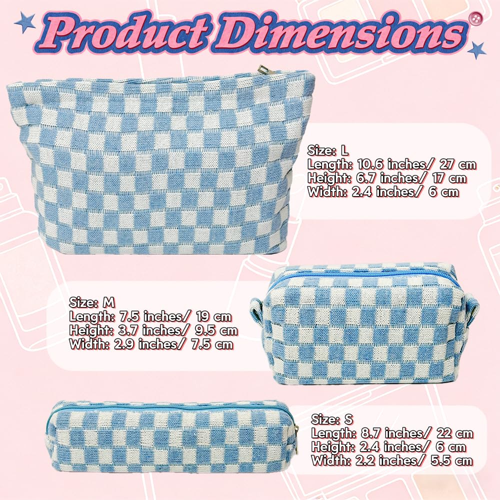 Stidgbo 3 Pieces Checkered Makeup Bag Set, Pink Cosmetic Bags for Women, Large Medium Small Portable Travel Toiletry Bag, Cute Zipper Pouch Organizer for Purse, Skincare, Cosmetics, Stationery