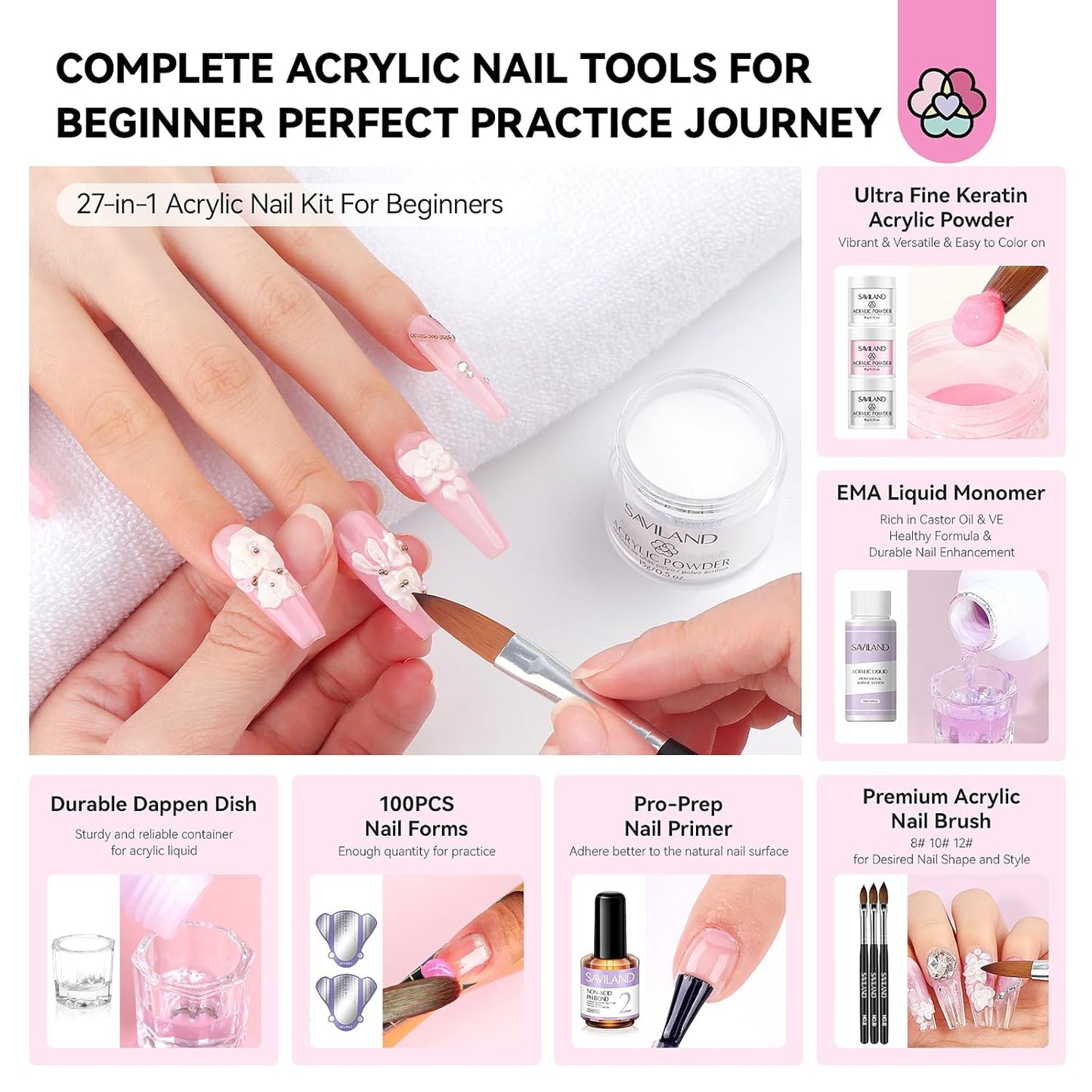 SAVILAND Acrylic Nail Kit - Complete Professional Set for Beginners | UV Light, Gel Polish, Brushes & Tools