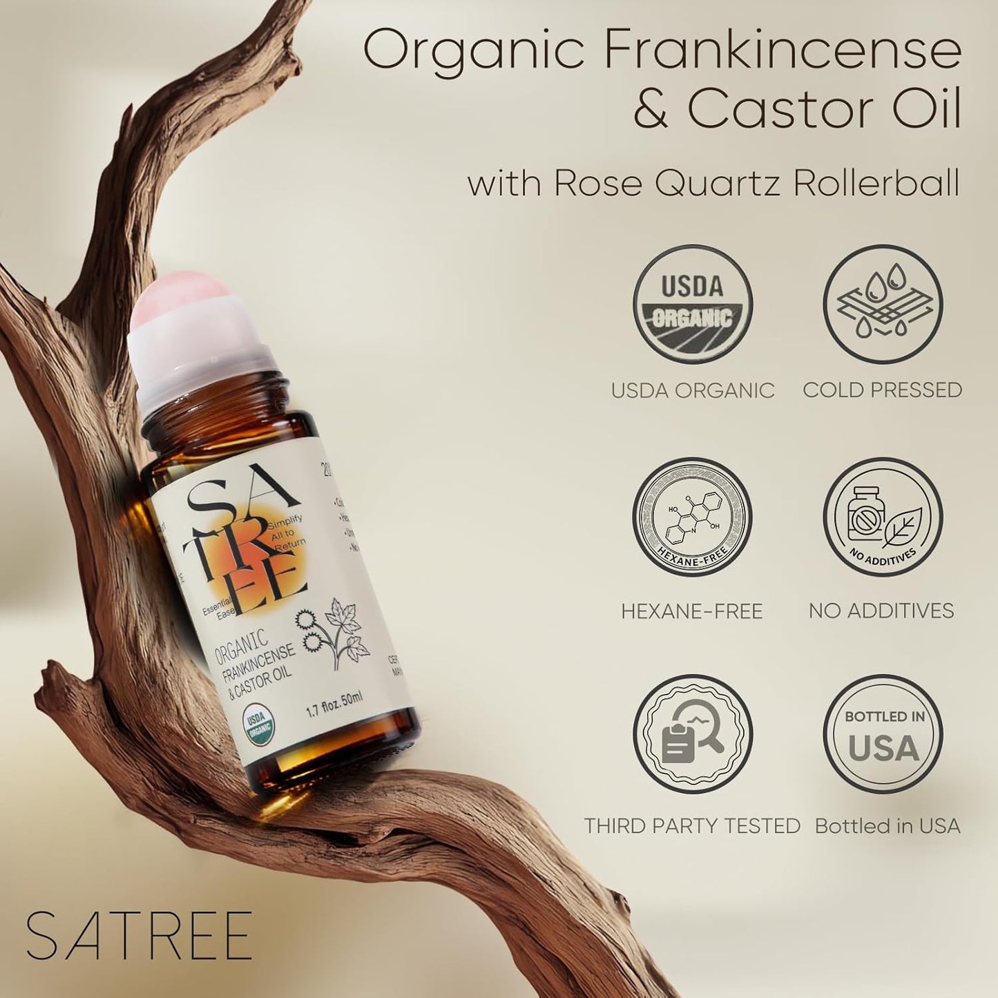 Organic Castor & Frankincense Oil Roll-On - USDA Certified Essential Blend with Rose Quartz Rollerball for Anti-Aging & Dark Circles (1.7 fl oz)