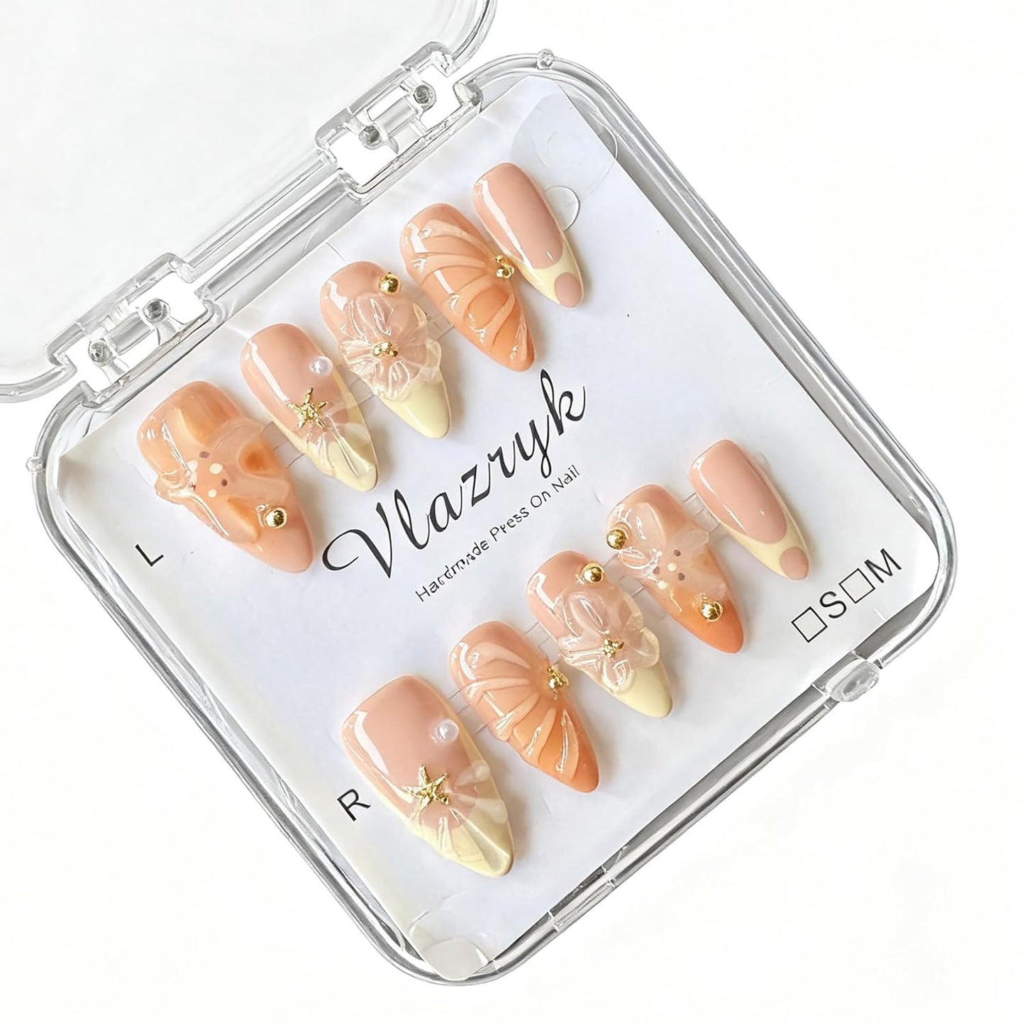 Brown French Tip Press On Nails - 3D Metallic Rhinestones | Medium Almond Reusable Acrylic False Nails (10 PCS)