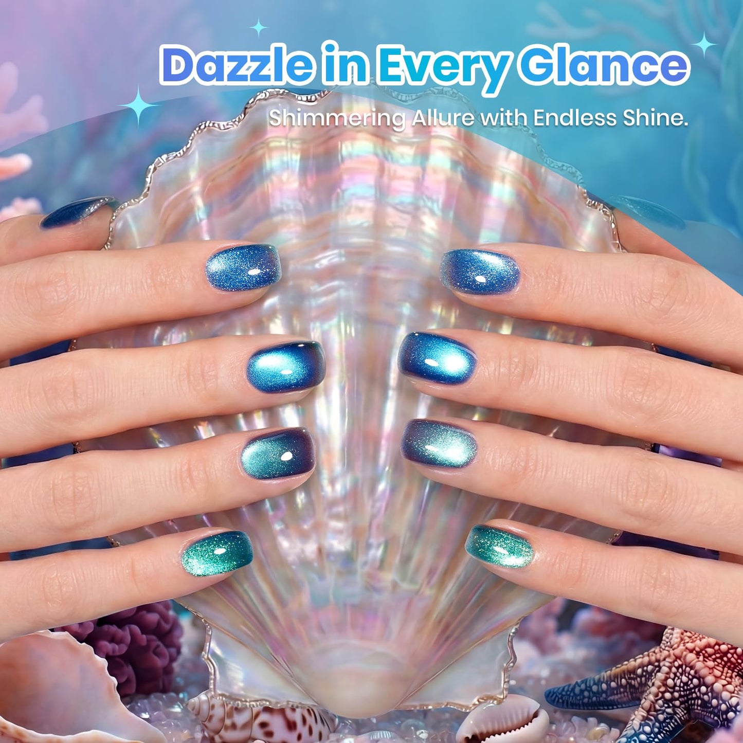 Beetles Cat Eye Gel Nail Polish Set - Lunar Mermaid 6 Colors Summer Gel Nail Polish Kit Glitter Blue Purple Navy Blue Teal Colors Magnetic Shine Soak Off UV Salon DIY Manicure Gift for Women