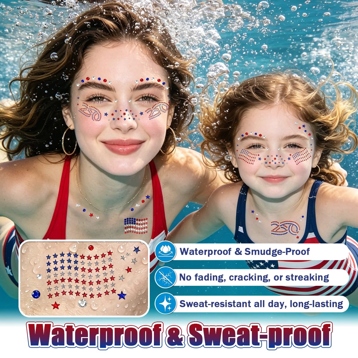 Mysense 250 Anniversary USA Merchandise, 6 Pcs 4th of July Tattoos & Face Gems Set, Red White Blue Glitter Freckles, Self-Adhesive Rhinestone Stickers, Perfect for 4th of July Outfits for Women