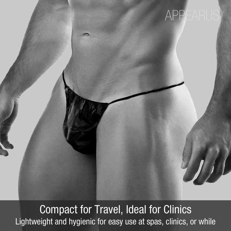 APPEARUS Men’s Disposable Black Thong Briefs – Nonwoven, Soft, Breathable, One Size Fits Most – 36-Pack for Spa, Tanning, Massage, Waxing, Tattoo & Travel Hygiene Use