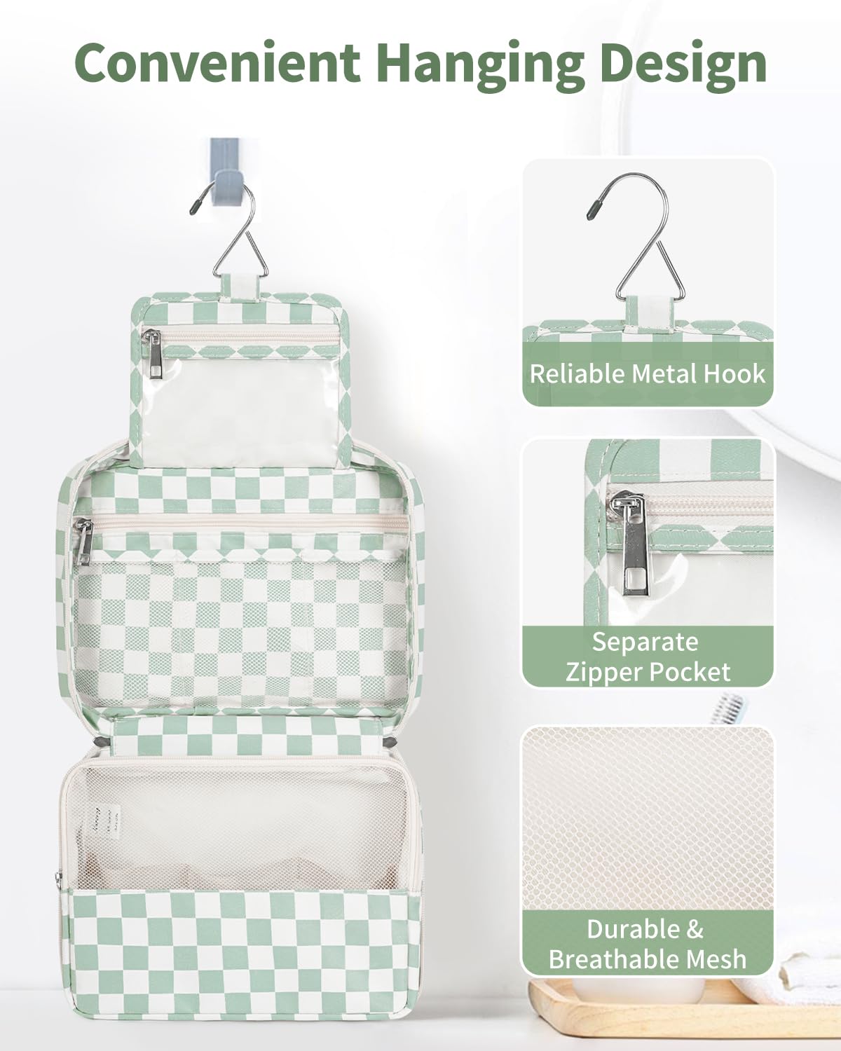 Narwey Small Hanging Travel Toiletry Bag for Women, Travel Bag for Toiletries, Checkered Makeup Bag Organizer Cosmetic Bags Make Up Bags for Girls (Mint Green Checkerboard)