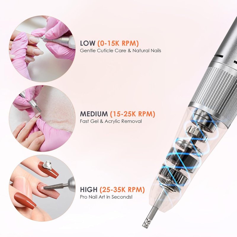 Electric Nail Drill Machine - 35000 RPM E File for Professional Nail Care | Rechargeable with Magnetic Handpiece Holder & 7 Bits