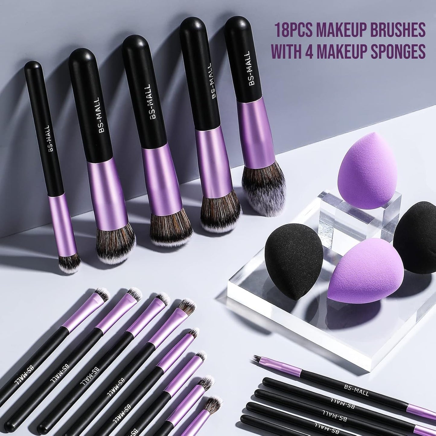 Premium Synthetic Makeup Brush Set - 18 Pcs Foundation, Powder, Concealer & Eyeshadow Brushes + 4 Pcs Makeup Sponges