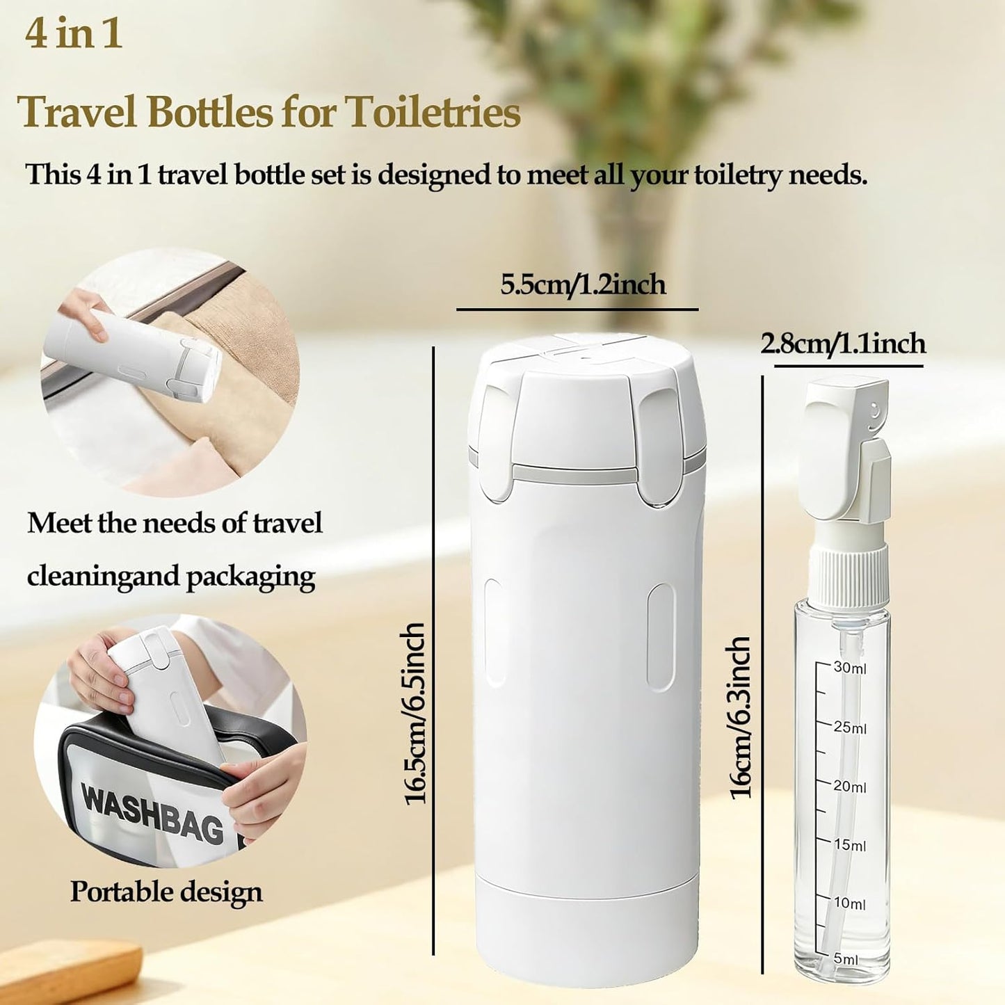 Travel Dispenser Bottles - 4 Pack 30ML Leakproof Toiletry Containers | TSA Approved for Shampoo & Lotion