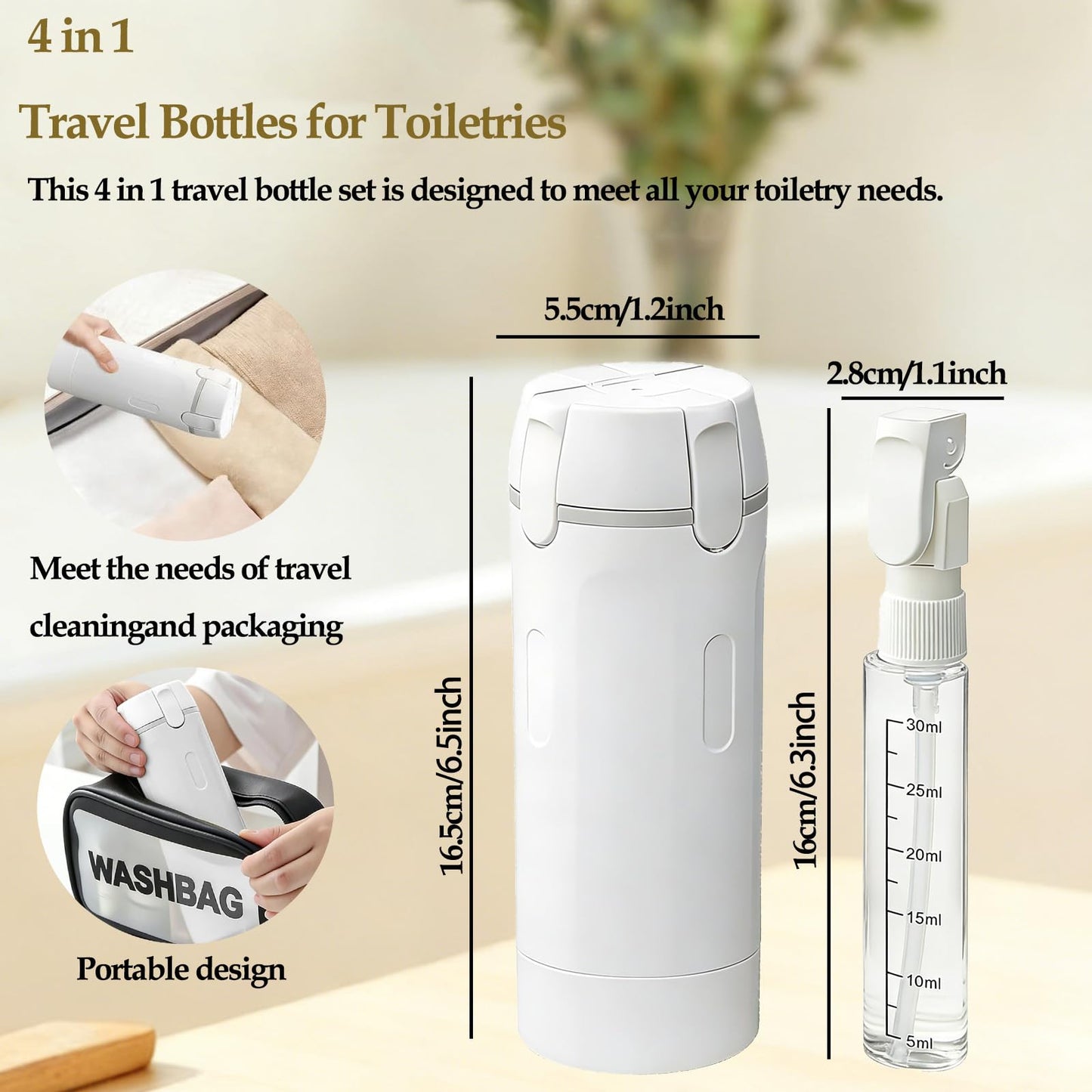 IULWJPU 4 in 1 Travel Dispenser Bottle Travel Bottle Dispenser for Toiletries TSA Approved Leakproof with 4 Pack 30Ml Travel Size Pump Bottles & Labels, Suitable for Lotion Shampoo Conditioner Cream