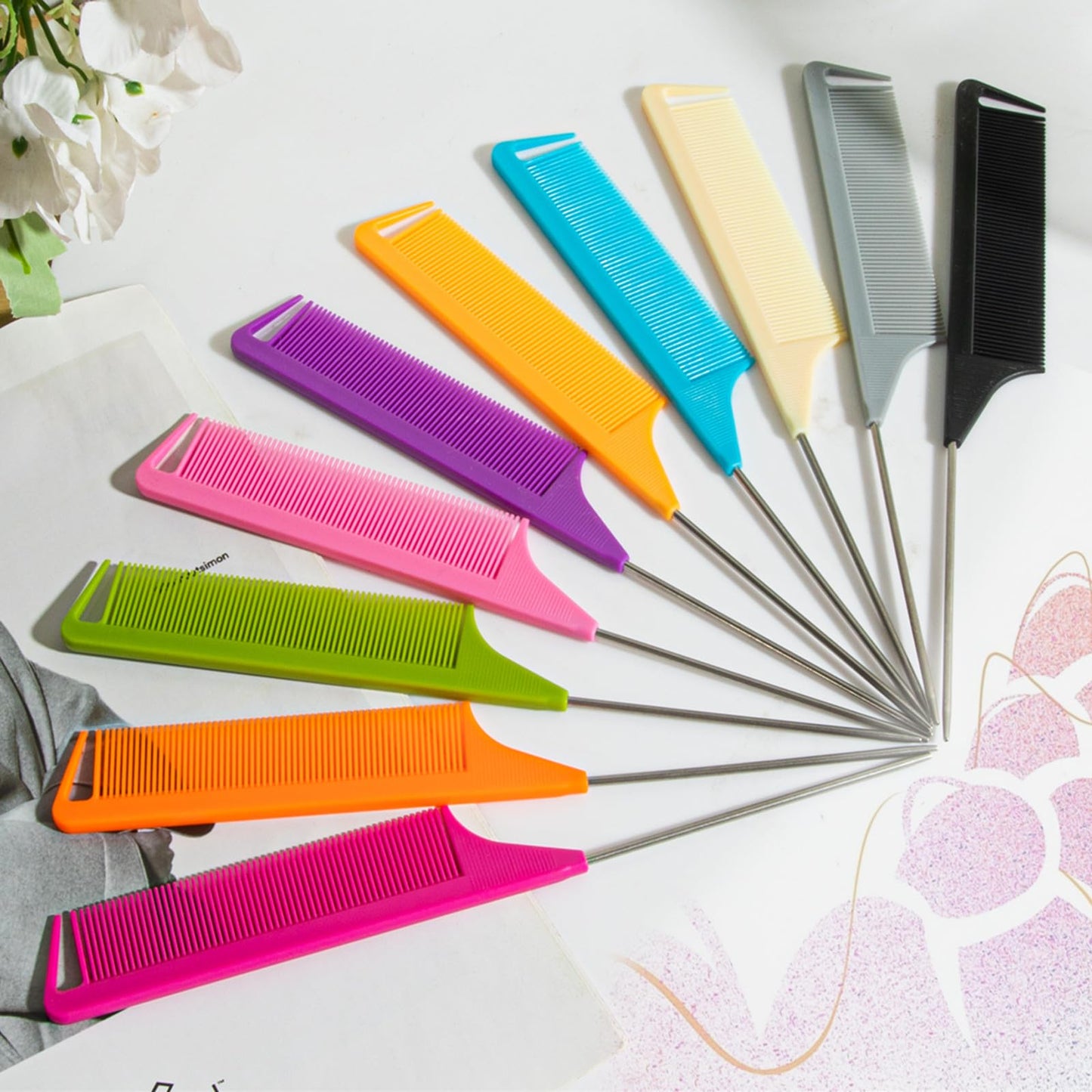 10pcs Rat Tail Combs Set,Salon Hair Stylists Metal Fine Tooth Combs Parting Combs for Hair Teasing and Braiding,Women GirlStyling Combs for