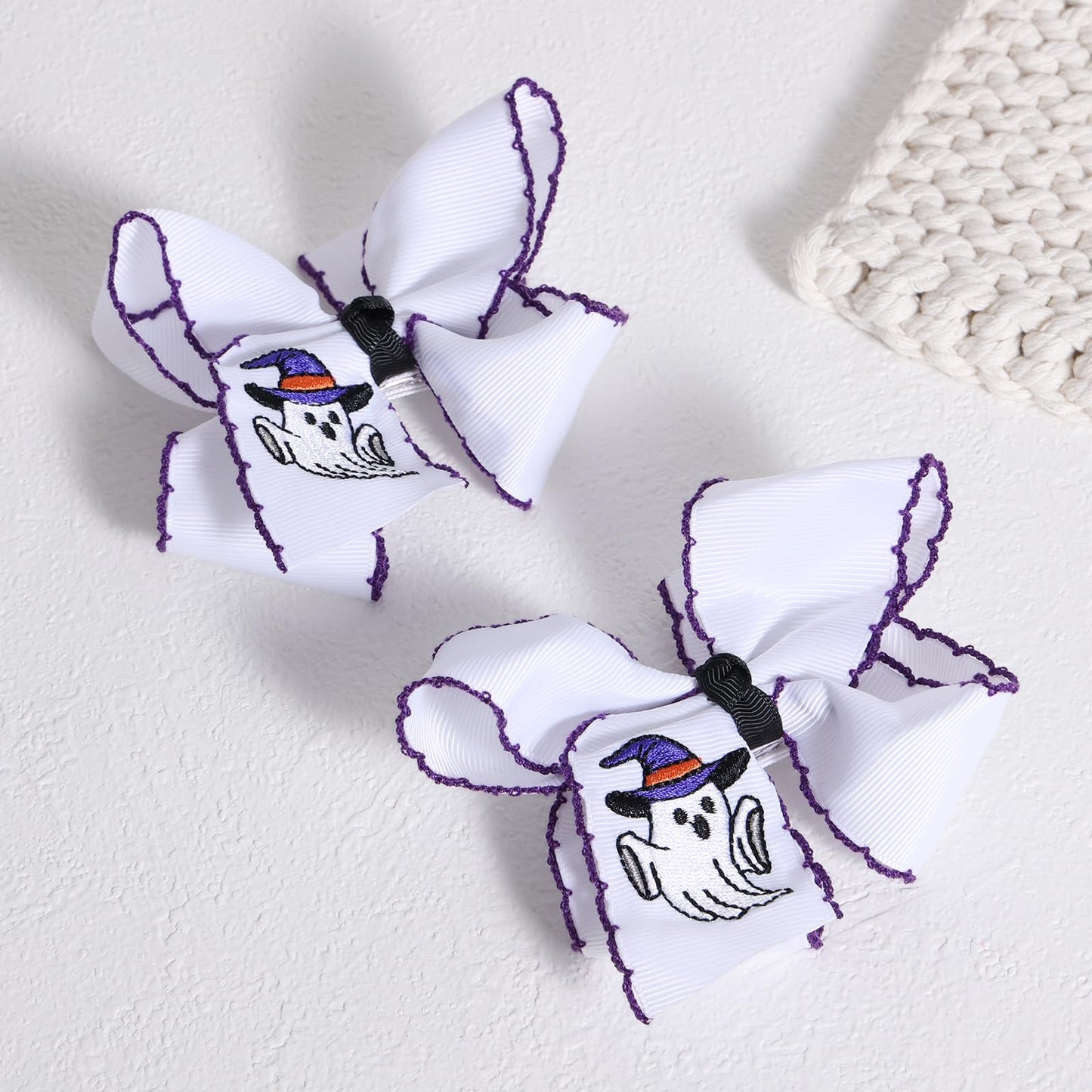 4" Halloween Ghost Hair Bow Clips White Boo Ribbon Bowknot Alligator Clip for Women Teens, Cosplay Accessories, Trick or Treat Gift Set of 2