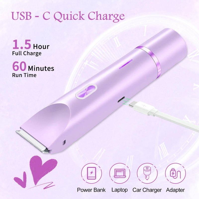 Bikini Trimmer for Women, 2 in 1 Electric Razors for Women, Rechargeable Cordless & Painless Hair Removal, Ultra Low Silent, Easy Cleaning, IPX7 Waterproof Bikini Shaver for Sensitive Skin (Purple)