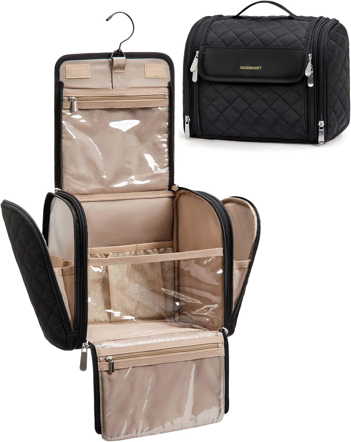 Makeup Bag for Women - Portable Hanging Hook Cosmetic Organizer | Large Capacity Travel Case in Black