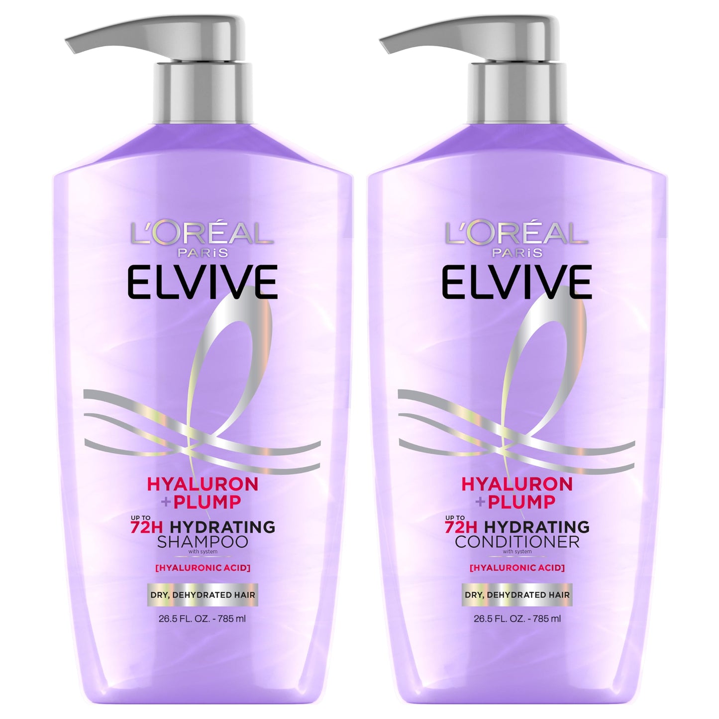 L'Oreal Paris Elvive Hyaluron Plump Shampoo and Conditioner Set for Dry, Dehydrated Hair, 72H Hydrating Hair Care, Infused with Hyaluronic Acid Complex, 53 Fl Oz Set