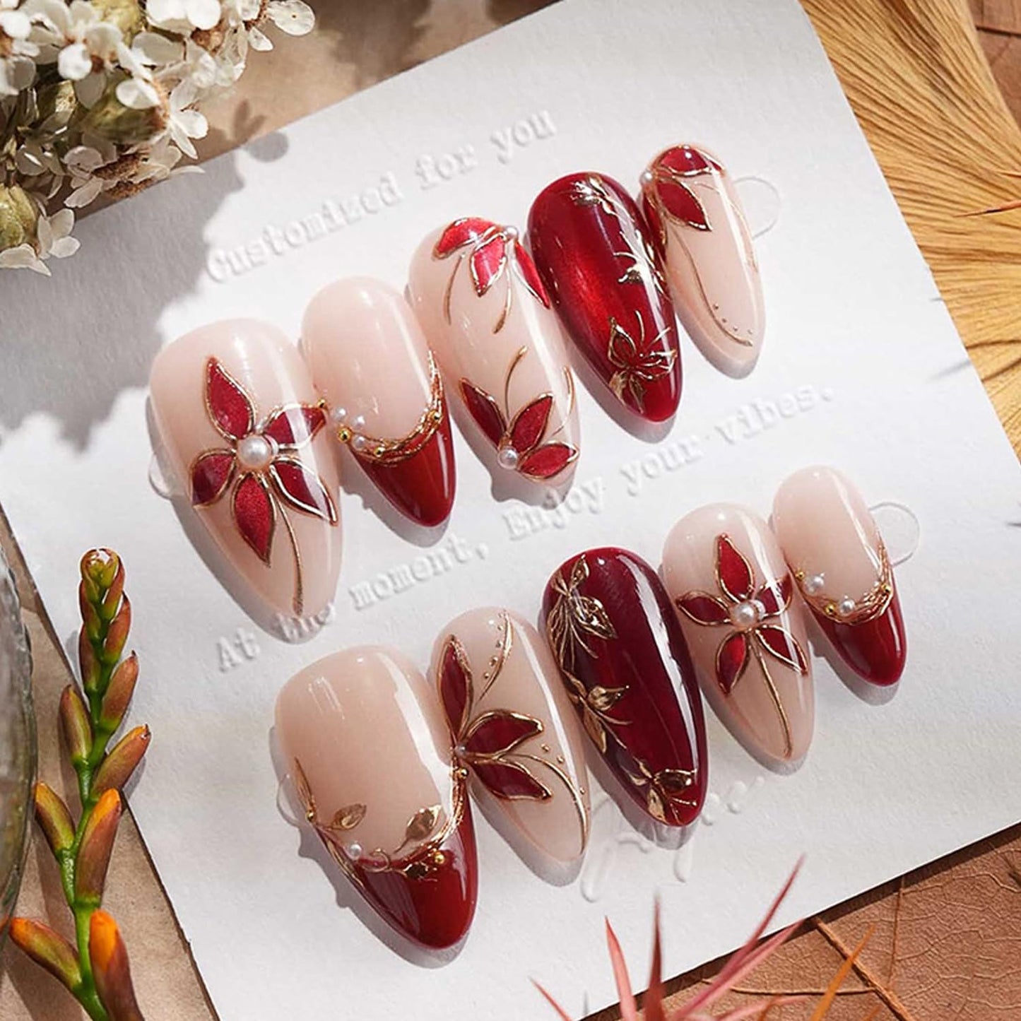 Almond Press On Nails - 30Pcs Medium Fake Nails with 3D Floral Art | Red French Gradient Acrylic for Women