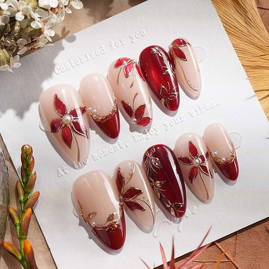 Almond Press On Nails - 30Pcs Medium Fake Nails with 3D Floral Art | Red French Gradient Acrylic for Women