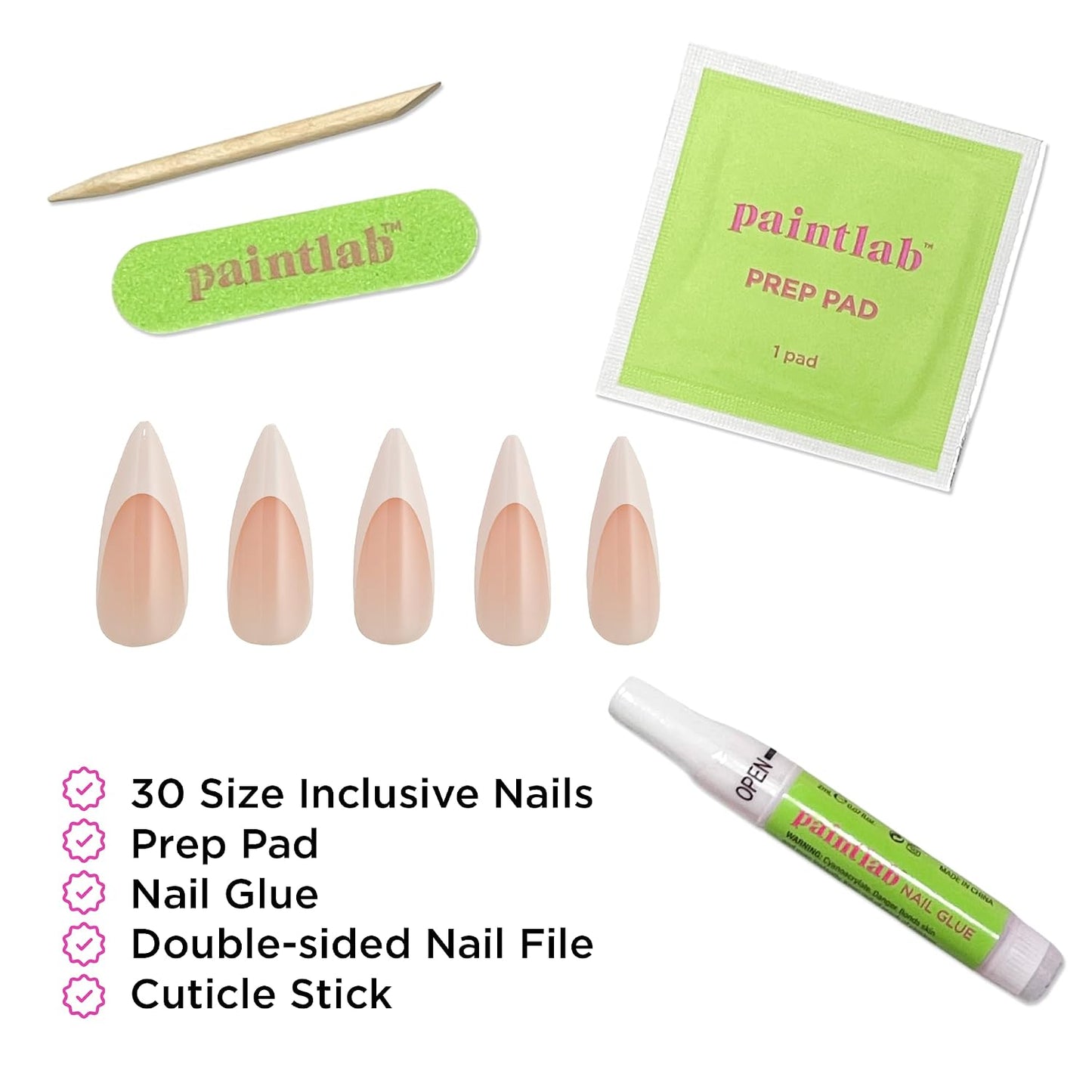French Tip Press On Nails - Stiletto Fake Nails, 30 Nails in 15 Sizes, Reusable Salon Quality | Easy Application