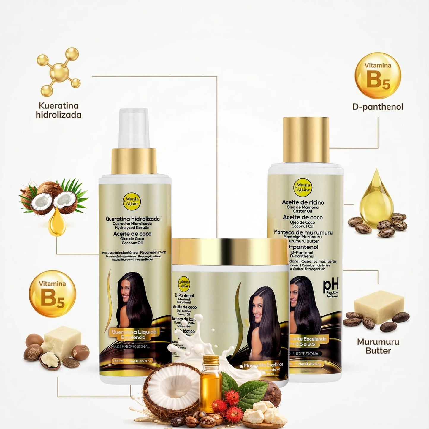 Mania de Alisar Deep hydration mask kit with hair acidifier, D-Panthenol, Coconut Oil, Shea Butter (17 fl.oz / 500 g)