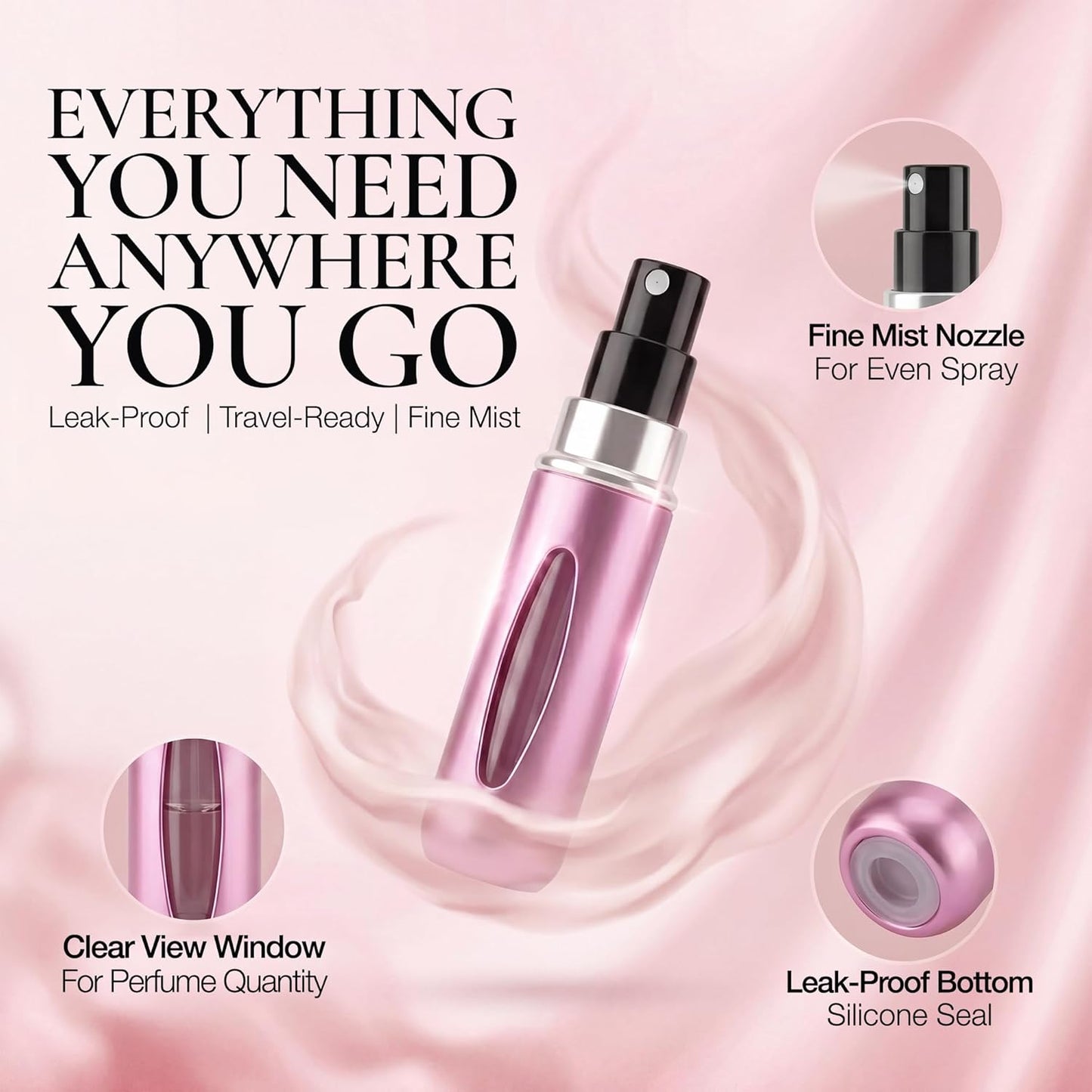 Refillable Travel Perfume Bottle - 5ml Leakproof Atomizer Sprayer | Portable Colors: Blue, Black, Pink, Silver