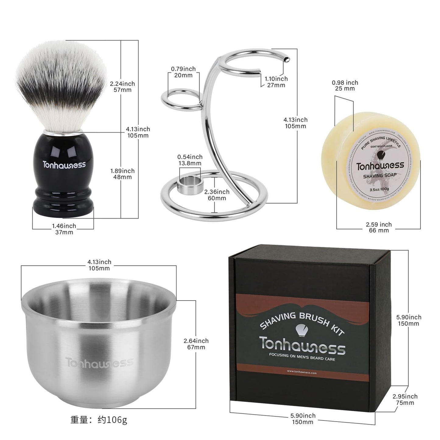 Shaving Brushes Kit For Men, 4 In 1 Shaving Brush Set Includes Nylon Bristle Shaving Brush, Sandalwood Shaving Cream, Stainless Steel Shaving Bowl and Stand (Nylon Bristle with Soap)