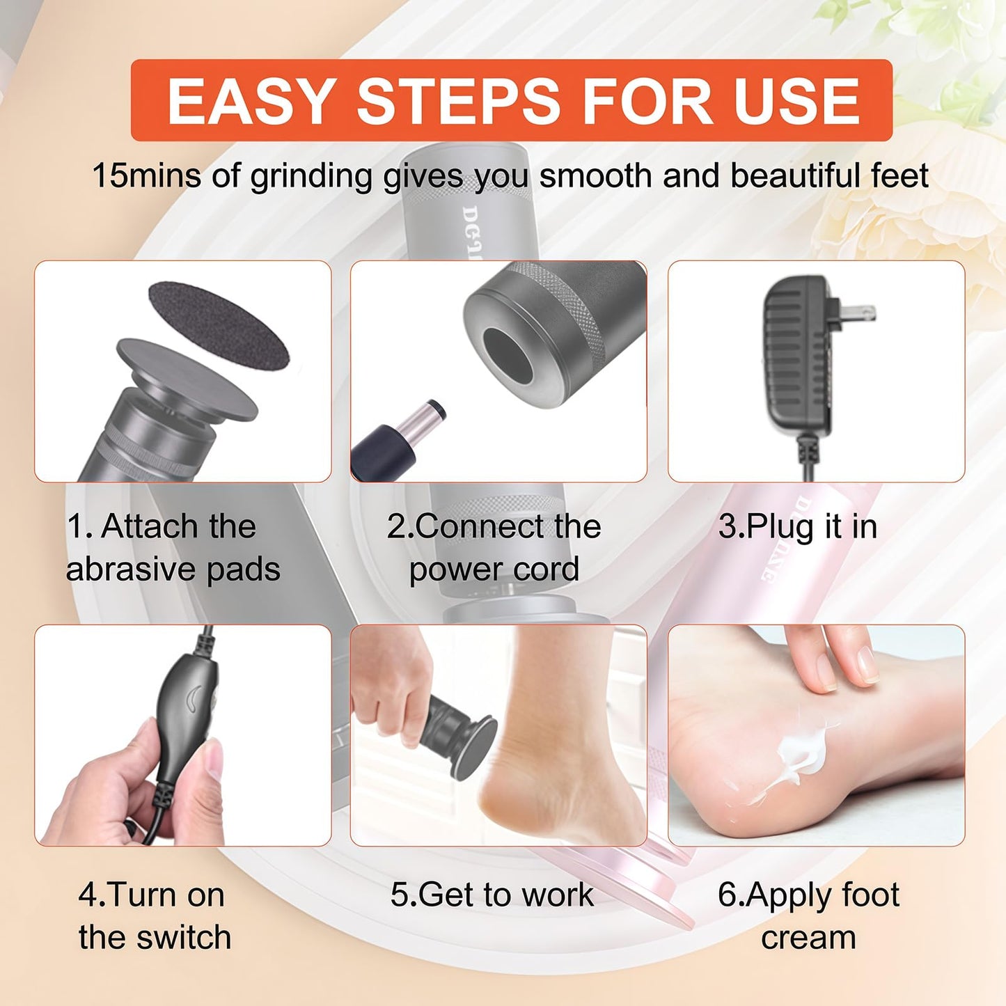 DGJUZE PowerPro Electric Foot Callus Remover,36W Professional 1200rpm Adjustable Speed Metal Body Heavy Duty Grinder for Dead Skin,Automatic Foot Sander with 60pcs Sandpaper Pads(Grey)