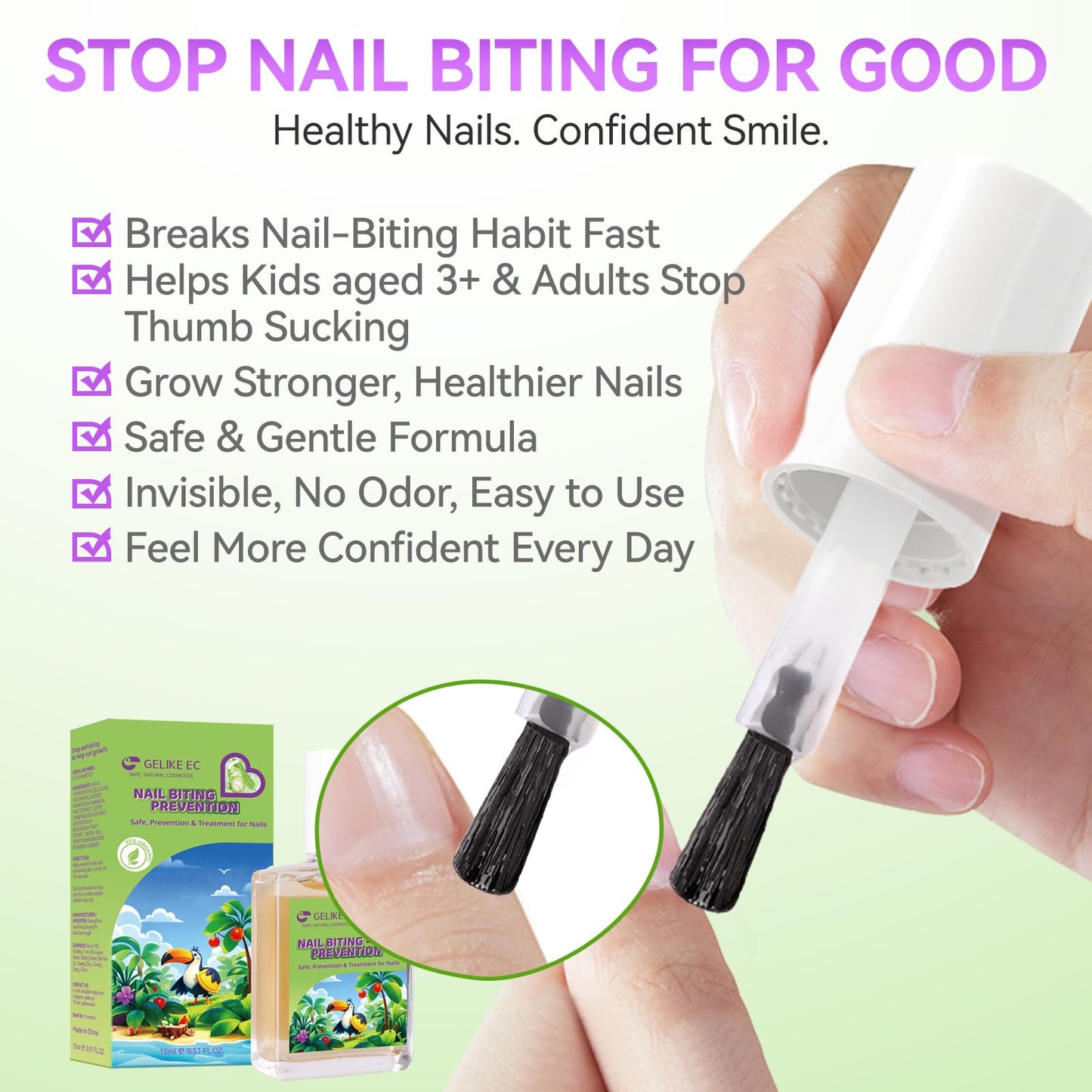 Gelike ec Nail Biting Prevention For Kids: 15ml Vegan Organic Bad Tasting Nail Polish to Stop Biting Nails Fast Dry Long Lasting Stop Thumb Sucking Nail Biting Non Toxic for Toddler