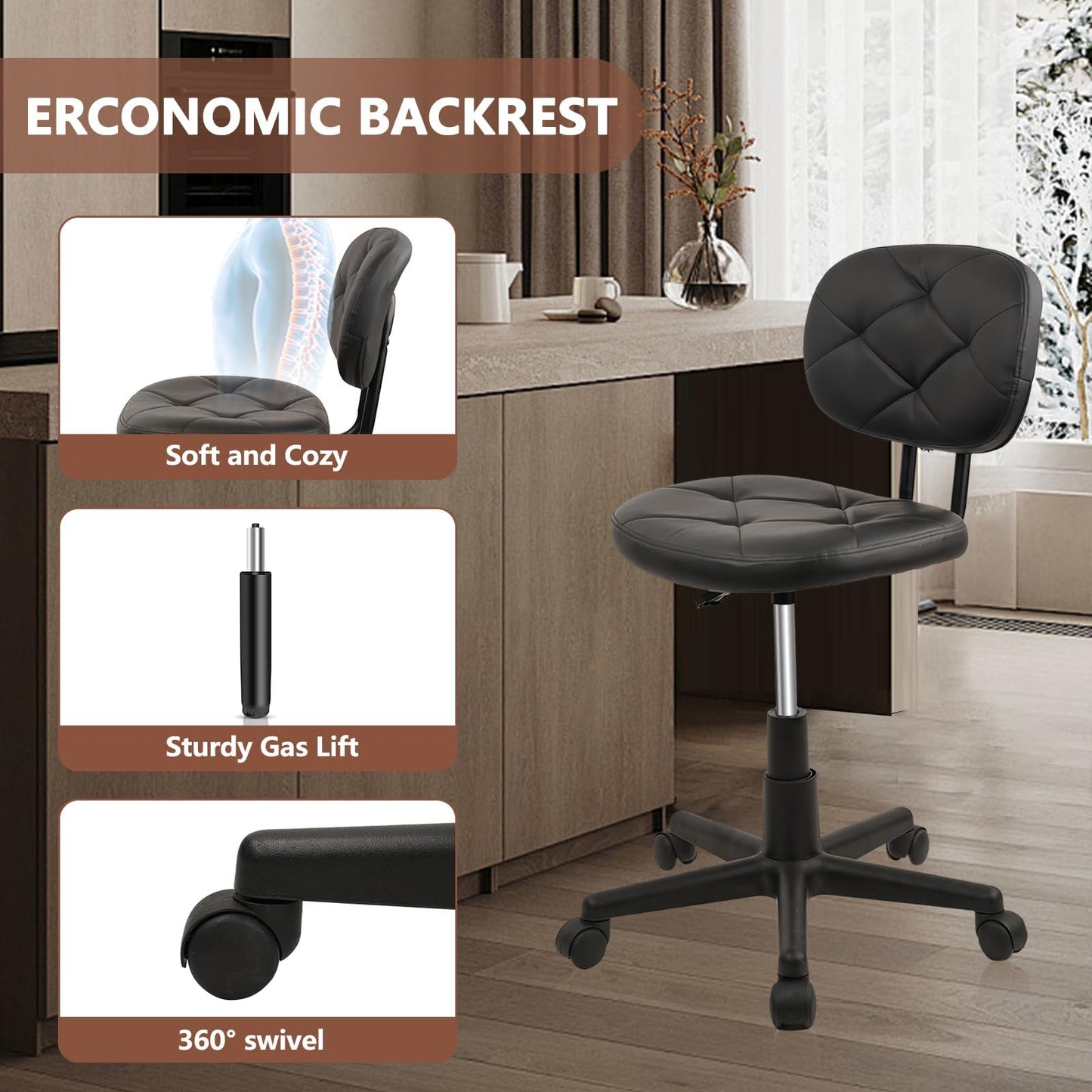 KLASIKA Round Rolling Stool with Adjustable Height and Pu Leather Backrest Swivel Stool Chair for Salon Tattoo Work Office Massage Black