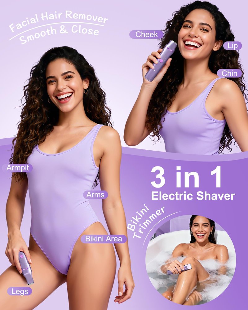 Bikini Trimmer for Women, Electric Razor for Pubic Hair, Women's Foil Shaver,Rechargeable Shaver Removal with Snap-in Ceramic Blades,IP7X Washable Head,Wet and Dry Use,Purple
