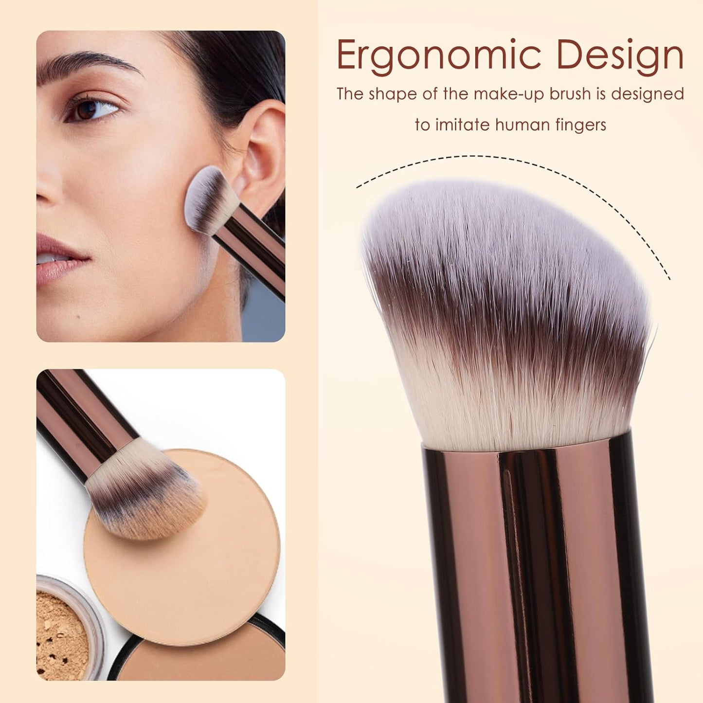 Makeup Brush Set - Kabuki Foundation & Concealer Brushes with Velour Puffs | 3 Brushes & 3 Puffs