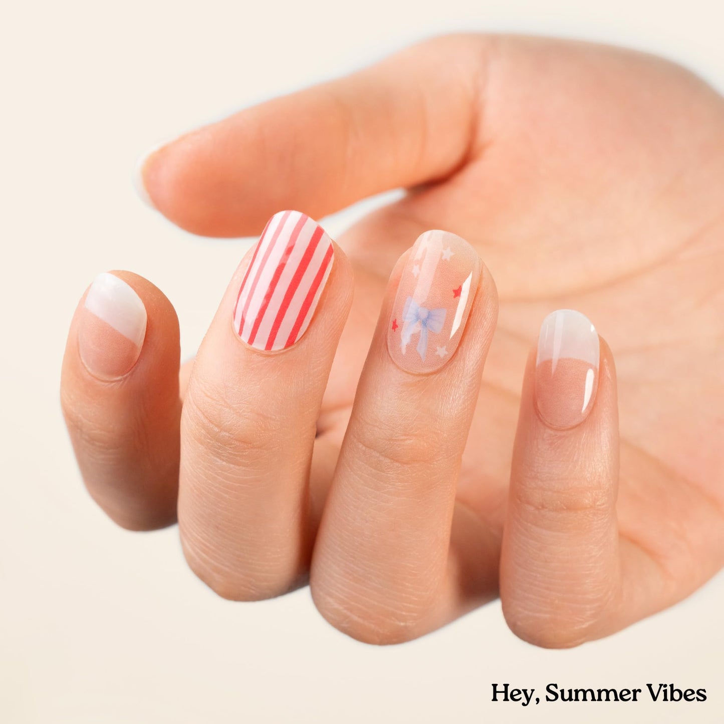 Heyhae Semi Cured Gel Nail Strips | No LED Lamp Needed | Beige, French | Easy Apply & Remove, Salon Quality | Includes 28 Strips, 2 Prep Pads, Nail File & Wooden Stick - Hey, Summer Vibes