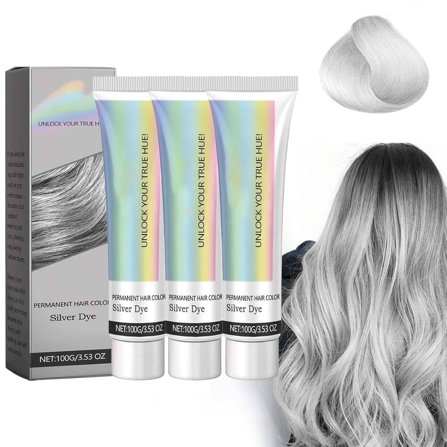 Silver Hair Dye - Plant-Infused Nourishing Formula for Dark Hair | Temporary Vibrant Silver Shade (3PCS)