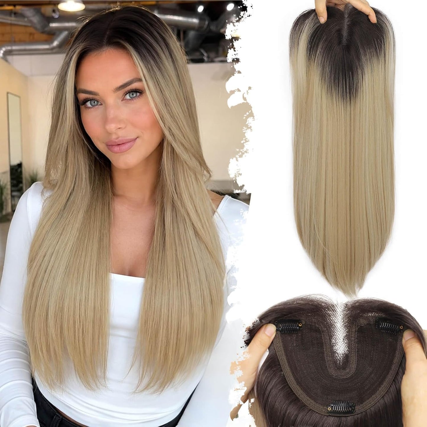 Ash Blonde Synthetic Hair Toppers with Platinum Highlights - 18" Long, 5x6" Base for Thinning Hair, Clip-In Wispy Bangs