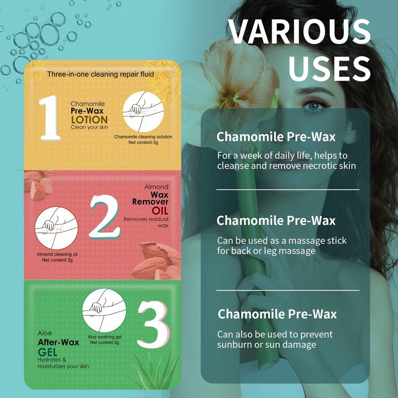 Pre and Post Waxing Essentials - Chamomile Cleanser, Almond Oil Remover, Cooling Aloe Vera Gel, 3 Packs x 8 Set