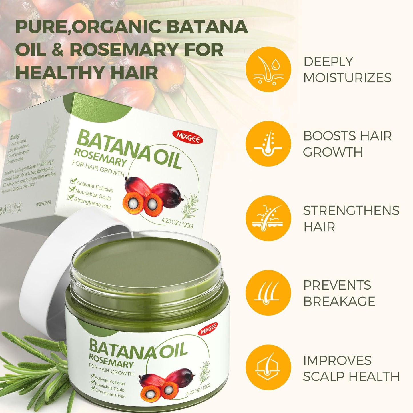 Mixgee Batana Oil Balm for Hair Growth & Thickness, Natural Formula With Batana & Rosemary Oil & Biotin, Promotes Scalp Health for Thicker, Fuller Hair(4.23 OZ)