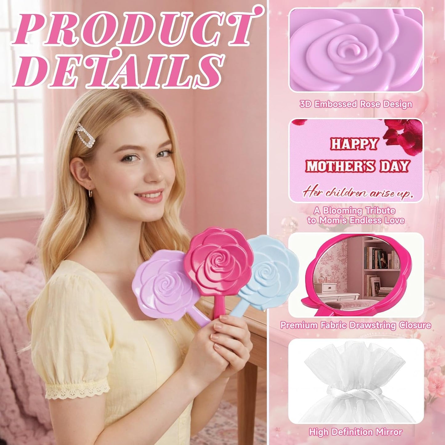 RattanView Handheld Rose Makeup Mirrors - Compact Floral Design | 24 Sets with Organza Bags for Women