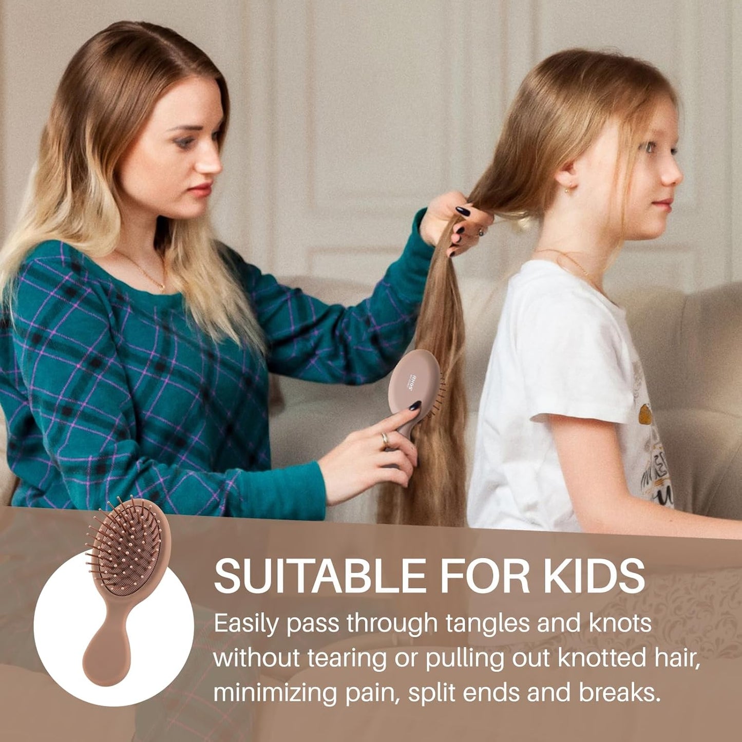 Mini Hair Brush for Women, Men & Kids - Travel Size Cushion Paddle Brush with Soft Bristles | Mocha Color