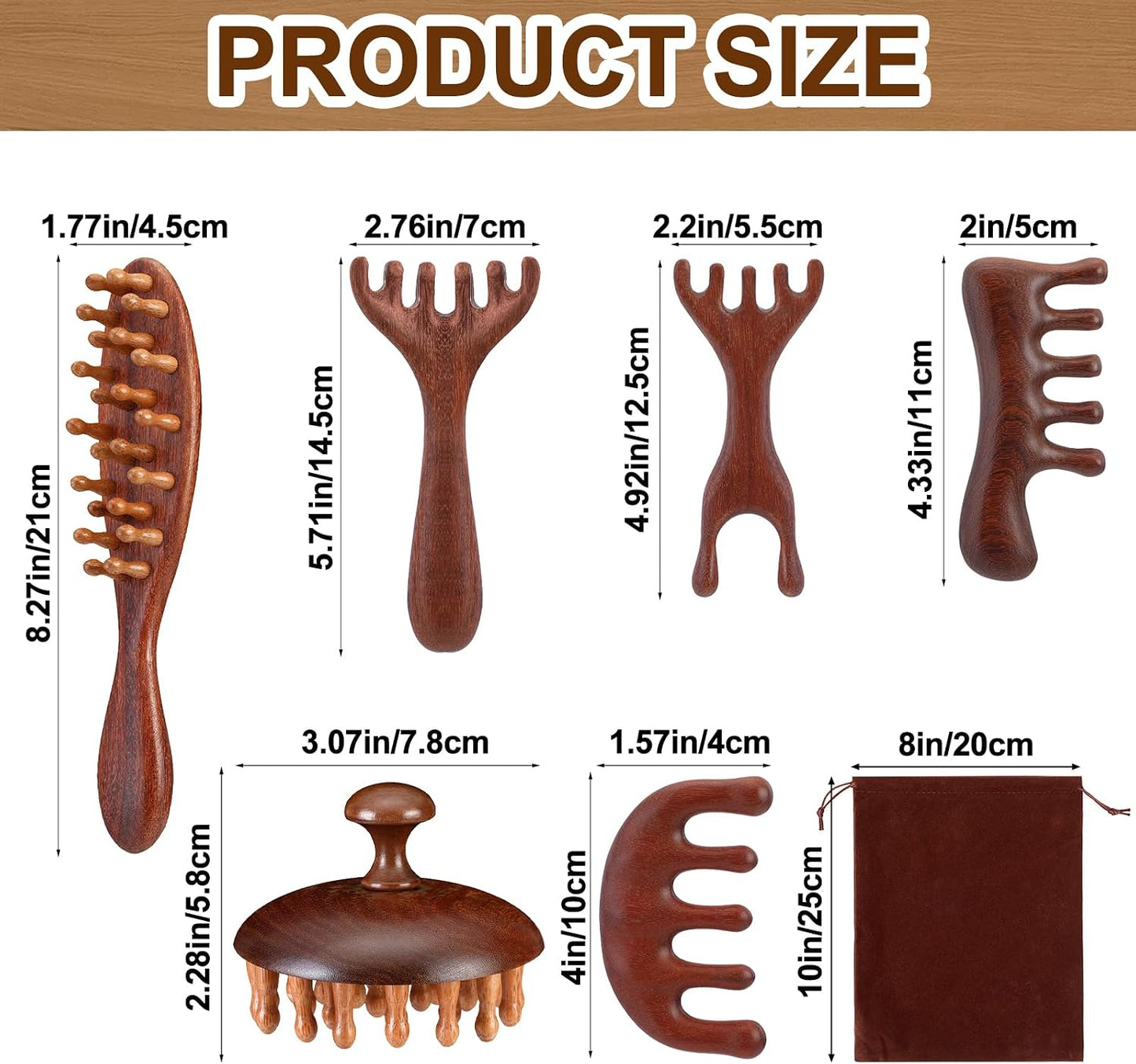 Natural Wooden Scalp Massager Comb Set - 6 Pcs with Flocked Storage Bag | Stress Relief & Hair Growth Tool