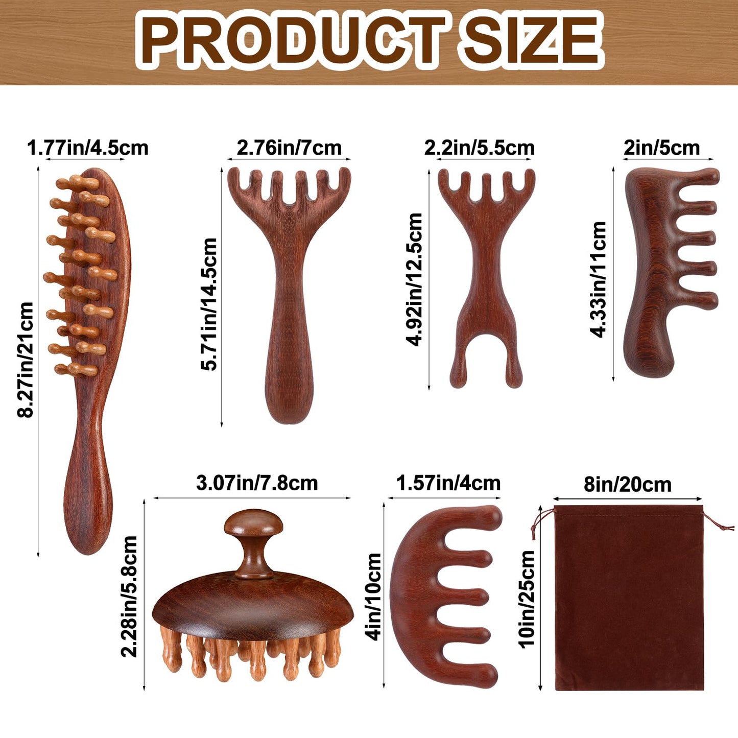Yiyiring 6 Pcs Natural Wooden Scalp Massager Comb Tool Set with Flocked Storage Bag Scalp Massage Tool for Stress Relief, Gua Sha & Therapy for Women Men Hair Growth Body Therapy