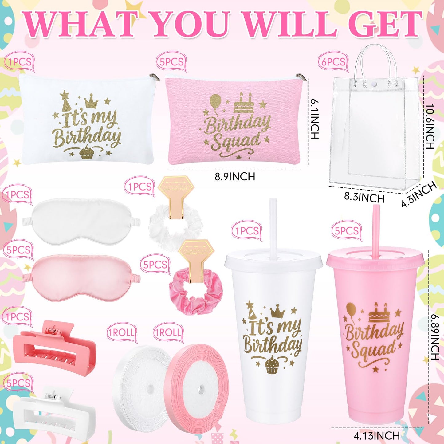 Ferrochef 6 Sets Birthday Squad Party Favors for Women Birthday Squad Cups Tumblers with Lids Straws Makeup Bags Satin Eye Masks Hair Clips Hair Scrunchies for Spa Sleepover Accessories(Pink White)